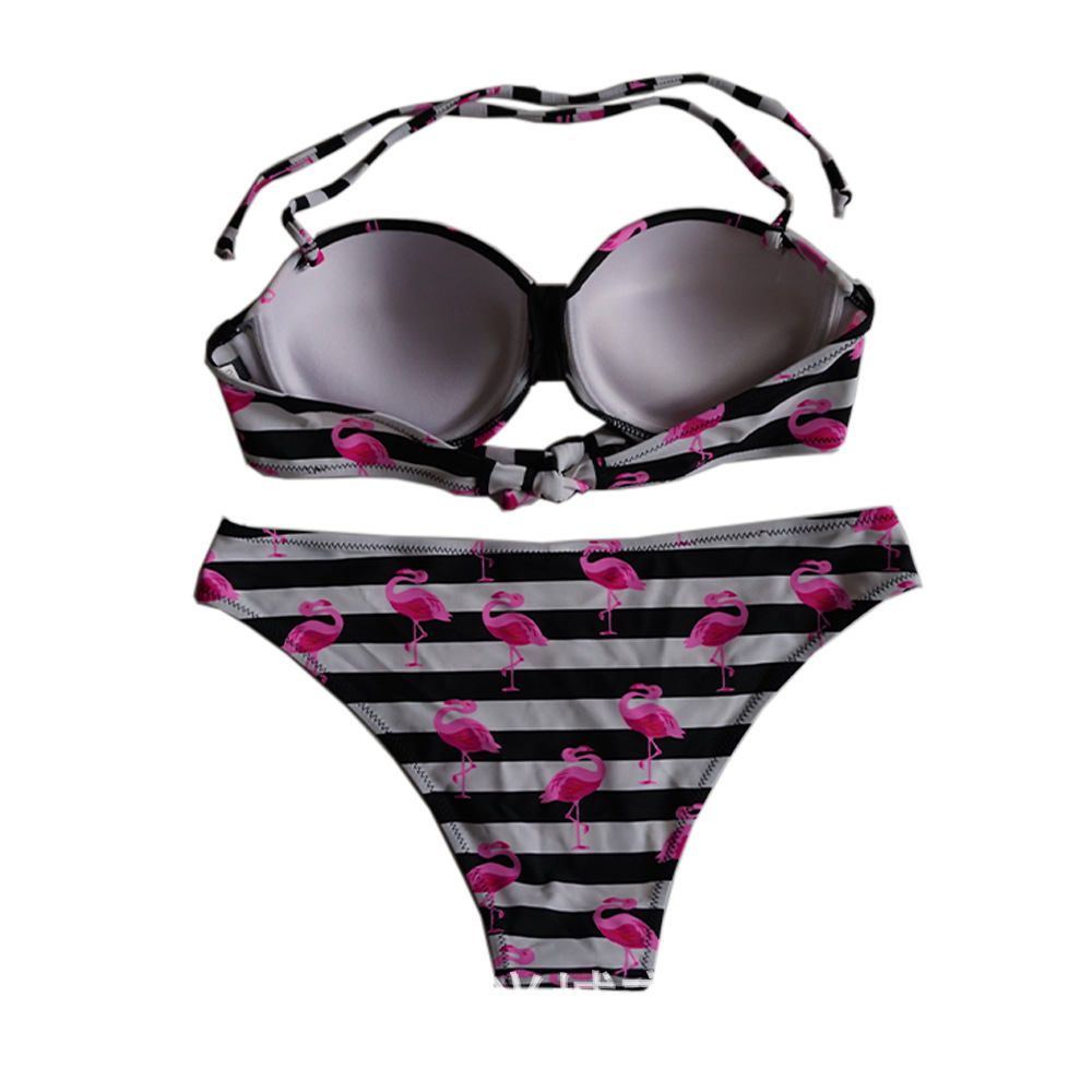 F4675-1Soild Flamingo Strip Print Halter Bikini Set